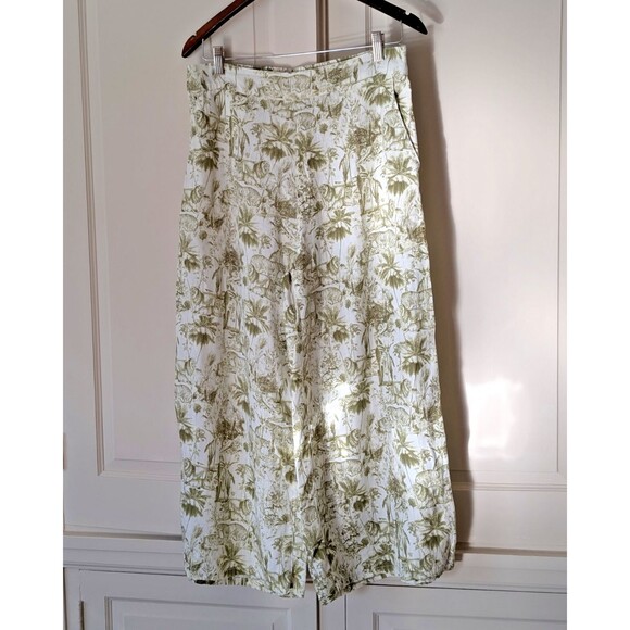 Rachel Zoe Linen 2-pc Top + Wide Leg Cropped Pants Green & Ivory Toile Sz Large - Picture 5 of 9